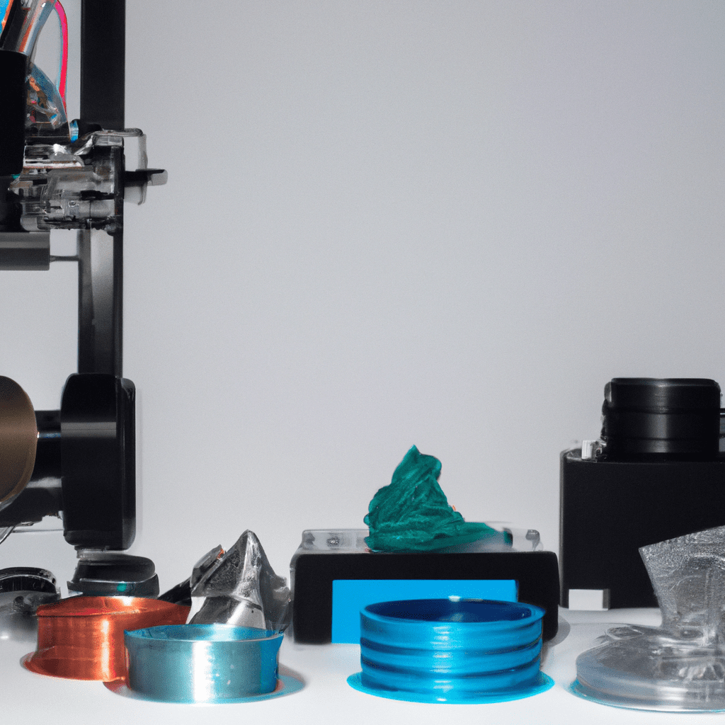 Arious materials like ABS plastic, nylon, resin, and metal powders stacked beside a 3D printer, with a printed object on the printer bed