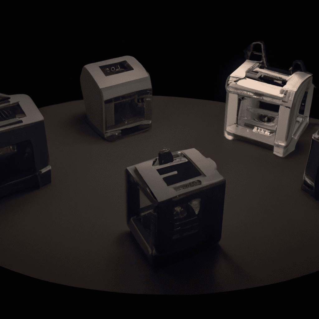 Of a variety of 3D printers, with different sizes and features, arranged in a semi-circle, under dramatic lighting, to suggest a decision-making process