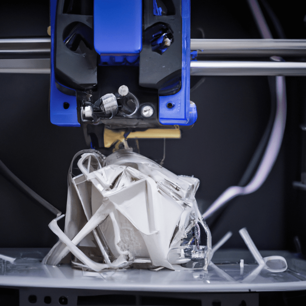 3D printer mid-process, with a tangled filament mess, and a partially printed, flawed object, highlighting the challenges in 3D printing