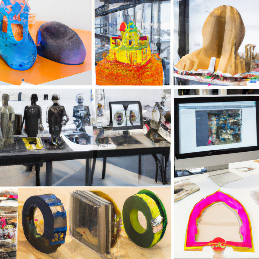 Ze a diverse range of 3D printed objects, from architectural models, prosthetic limbs, fashion items, to food, all displayed around a bustling 3D printing workstation