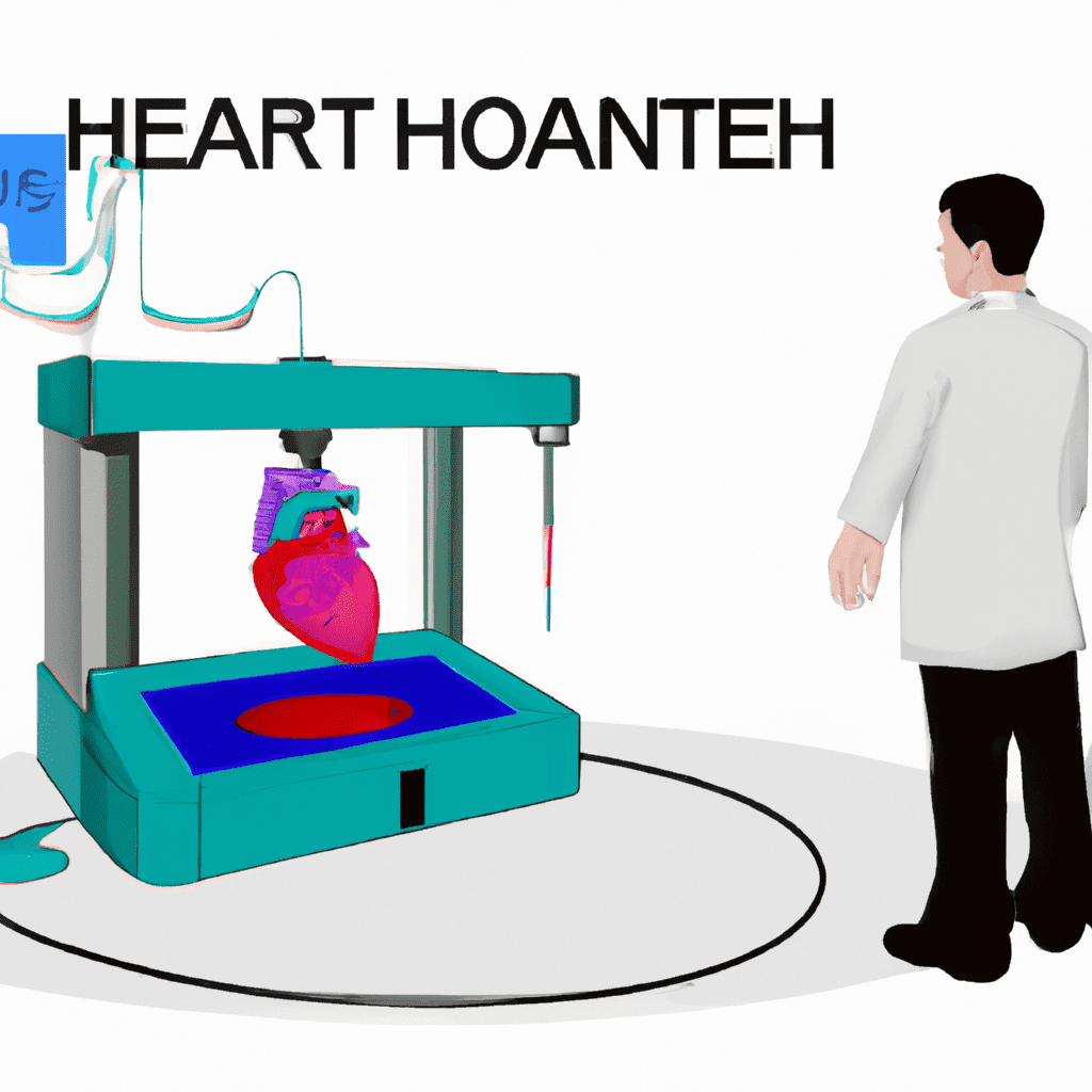  an image showing a 3D printer producing a human heart, with a medical professional examining it, in a high-tech healthcare setting, using a cool, clinical color palette