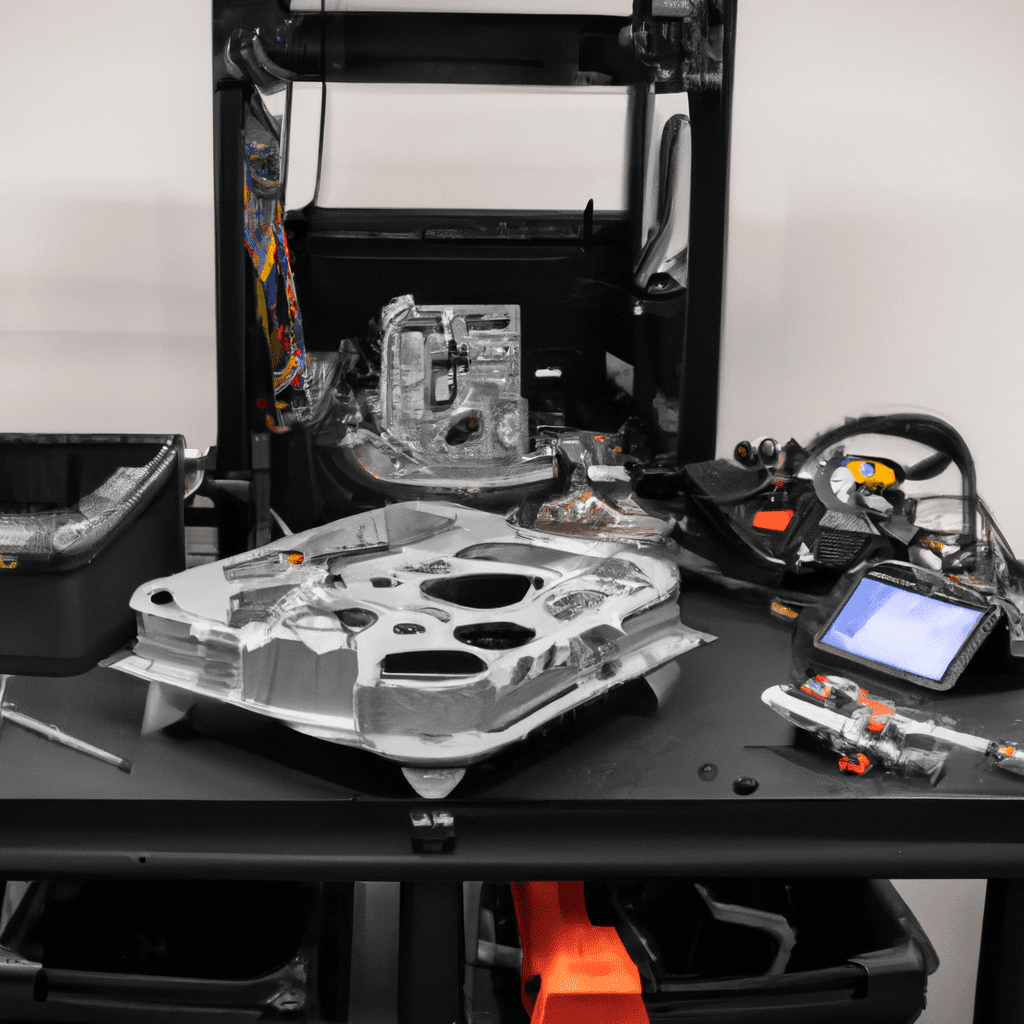  3D printer in the process of creating a detailed car engine part, with blueprints and automotive tools scattered around in a professional workshop setting
