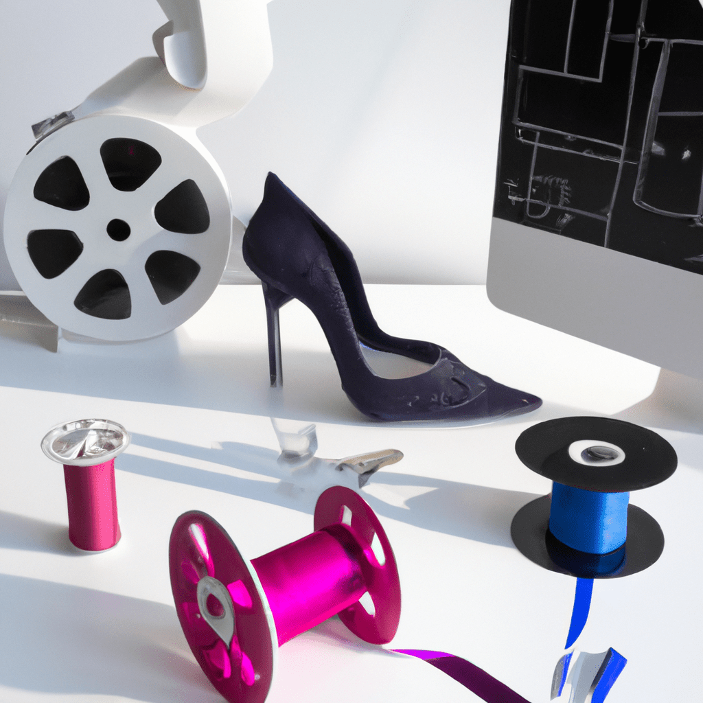  3D printer mid-process, creating an intricate, avant-garde high-heeled shoe, surrounded by various fashion sketches and vibrant filament spools, on a modern, minimalist white desk