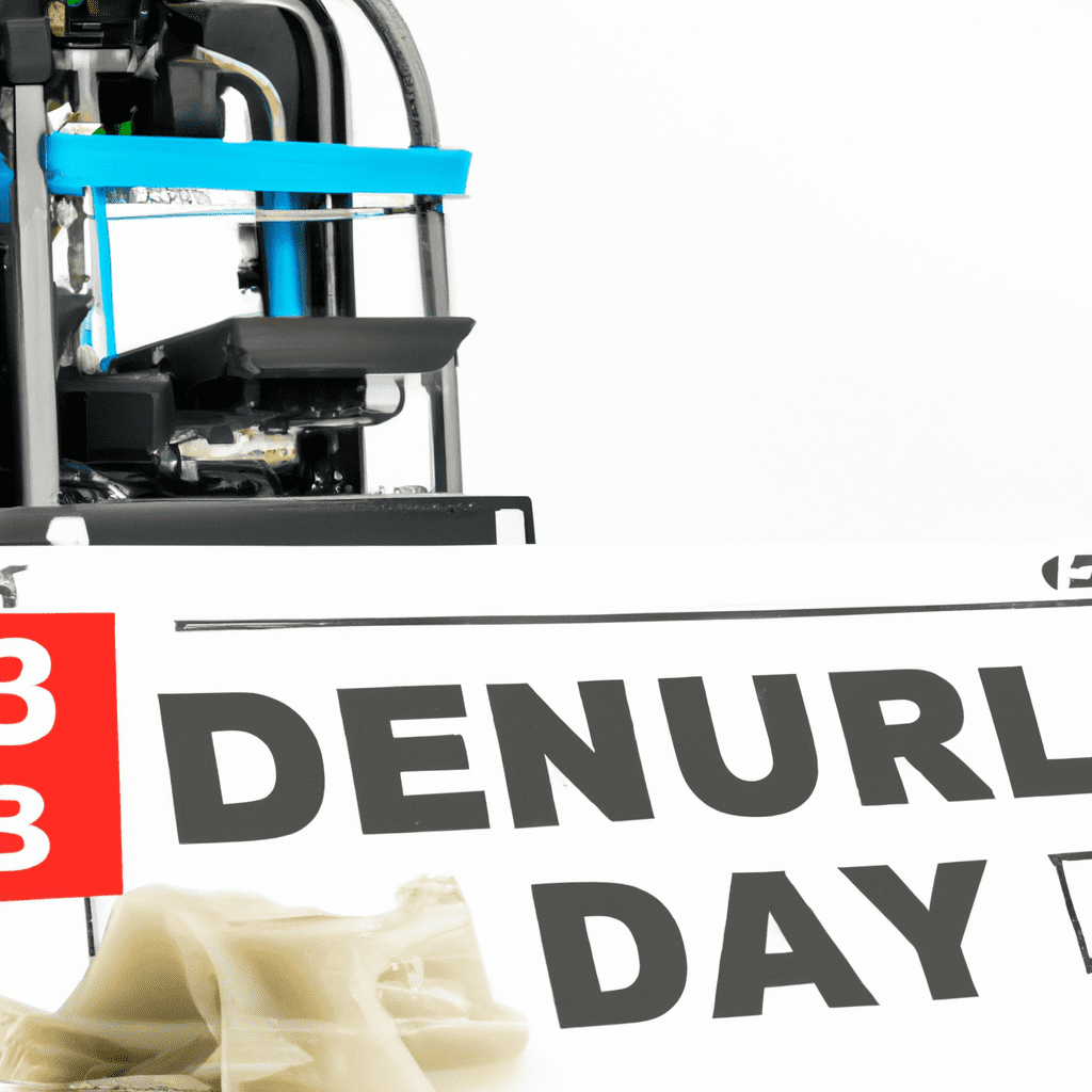 3D printer mid-process, with a complex object partially printed, next to a calendar marked with a tight deadline, signifying urgency