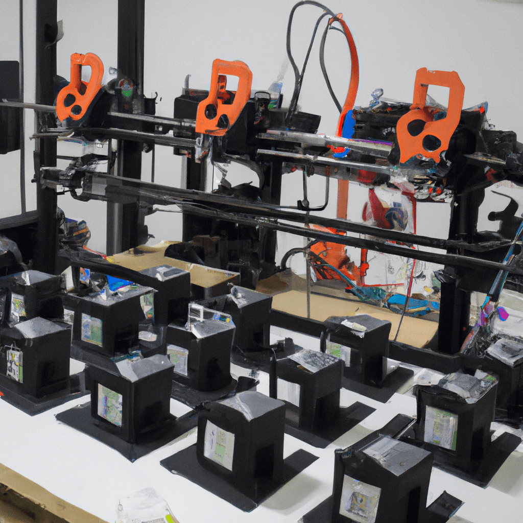 Of various 3D printers, each with a different design, color, and size, actively printing objects of differing complexities, in a well-lit, professional workshop setting