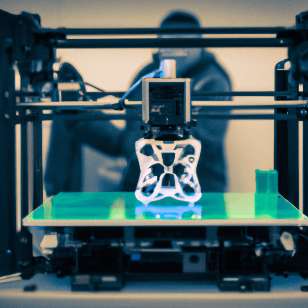 Rinter in action, mid-print, producing a complex geometric object, with a line of 3D printers in the background showcasing their versatility